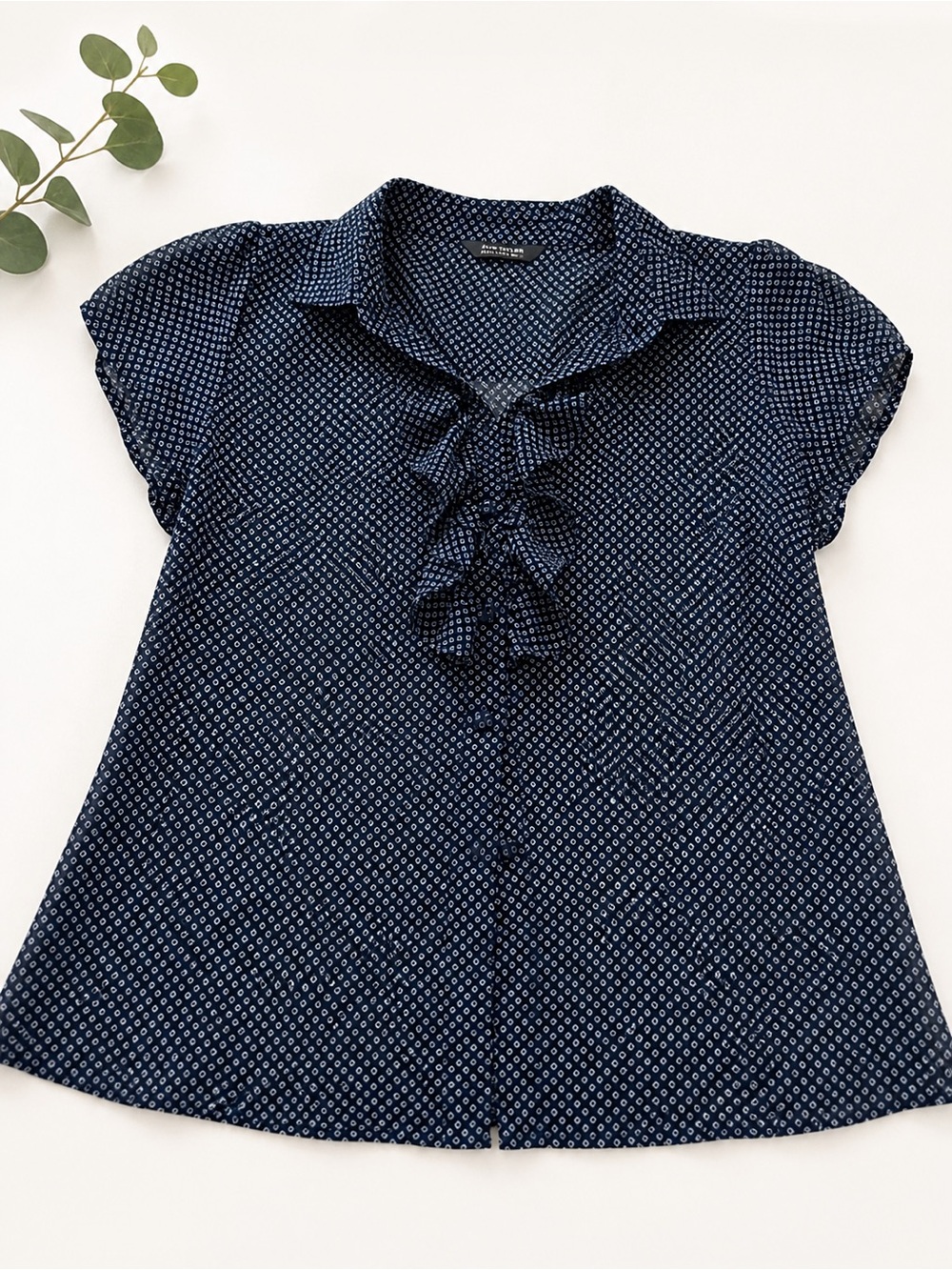 Navy Printed Ruffle-Front Blouse - Women - Size M